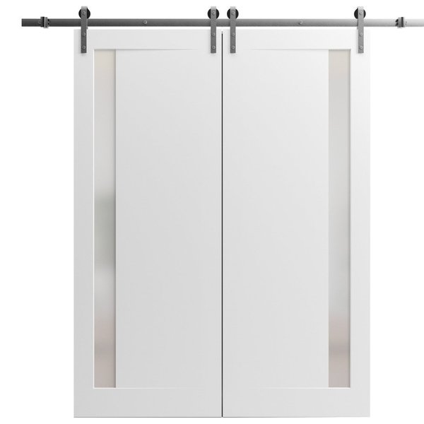 Sartodoors Sturdy Dbl Barn Door 72 x 96in W/, Painted White W/ Frosted Glass, SS 13FT Rail Hangers Heavy Set PLANUM0660DB-S-BEM-7296
